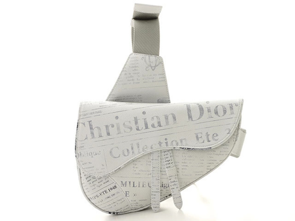 Christian Dior Newspaper Shoulder Bag Saddle White Gray Calfskin Waist Body